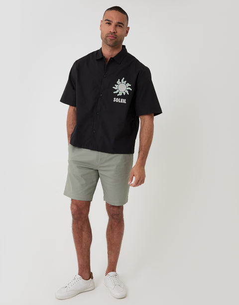 Threadbare Soleil Print Boxy Fit Cotton Poplin Short Sleeve Shirt in Black - full body