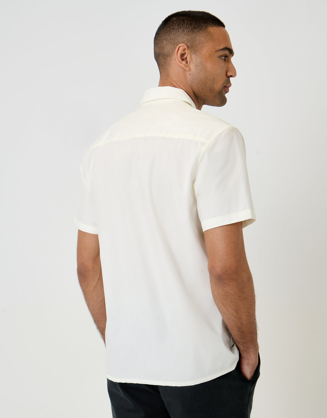 Threadbare Patch Embroidered Cotton Poplin Short Sleeve Shirt in Ecru - back view