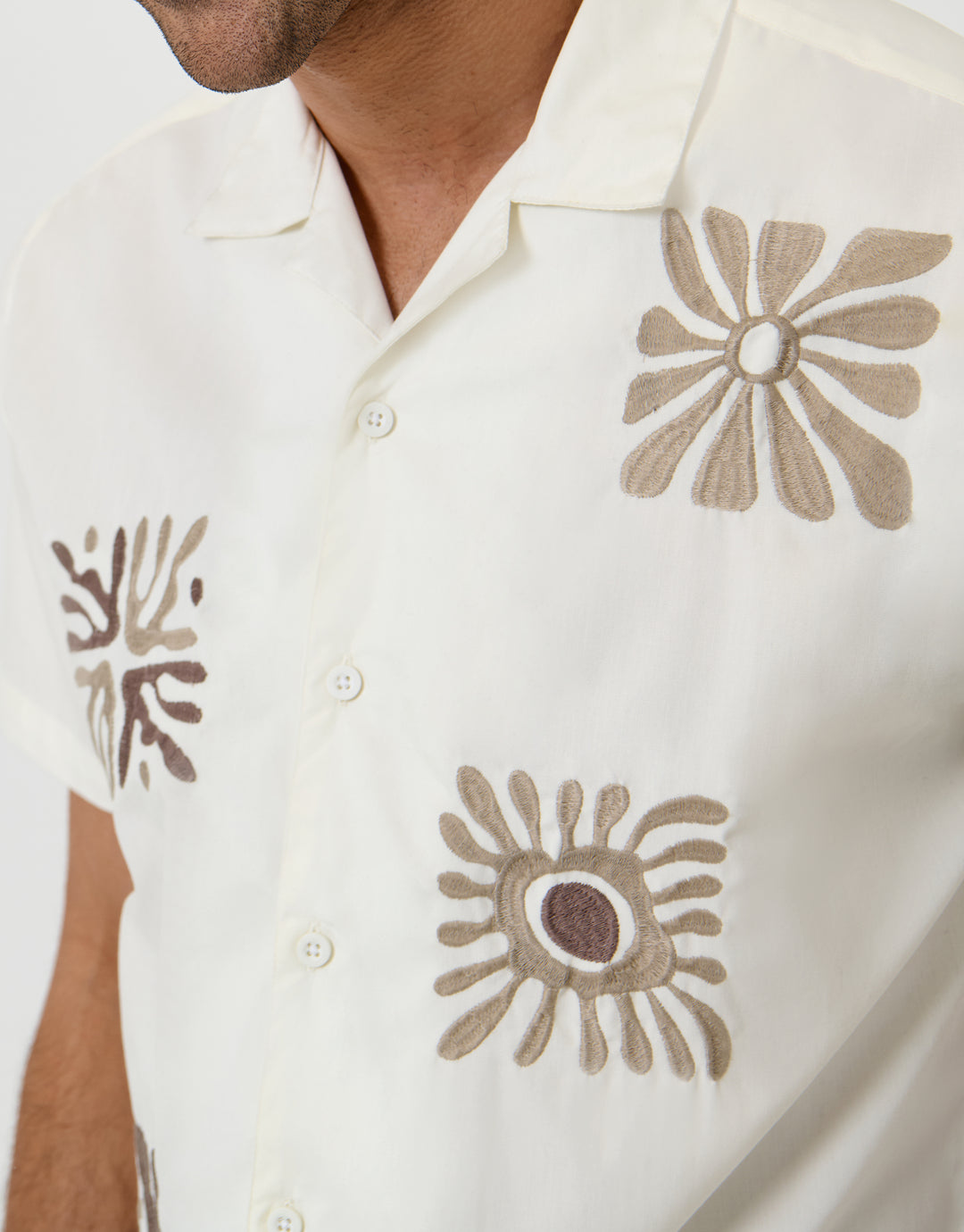 Threadbare Patch Embroidered Cotton Poplin Short Sleeve Shirt in Ecru - detail view