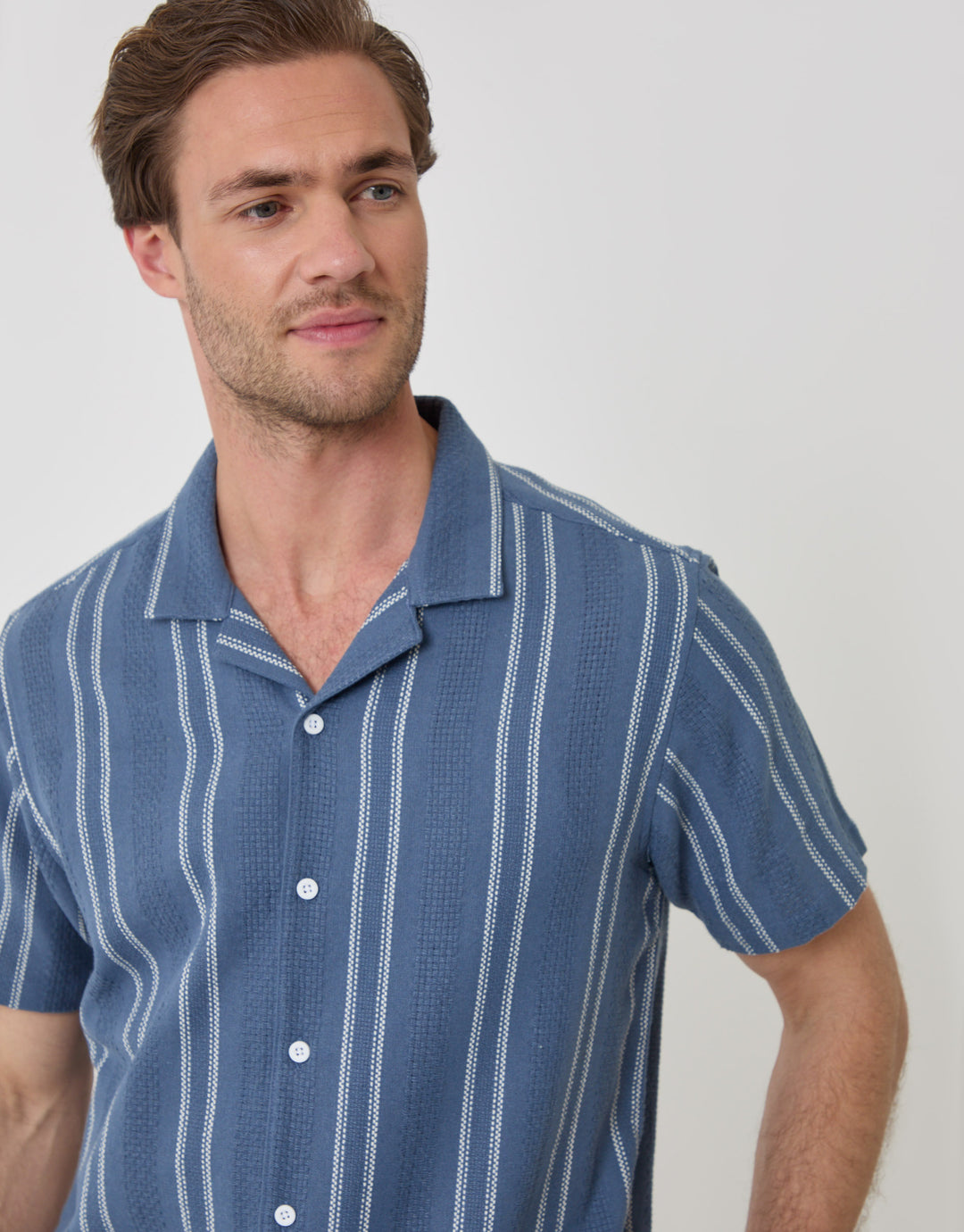 Threadbare Stripe Knitted Cotton Blend Short Sleeve Shirt in Blue - front close up