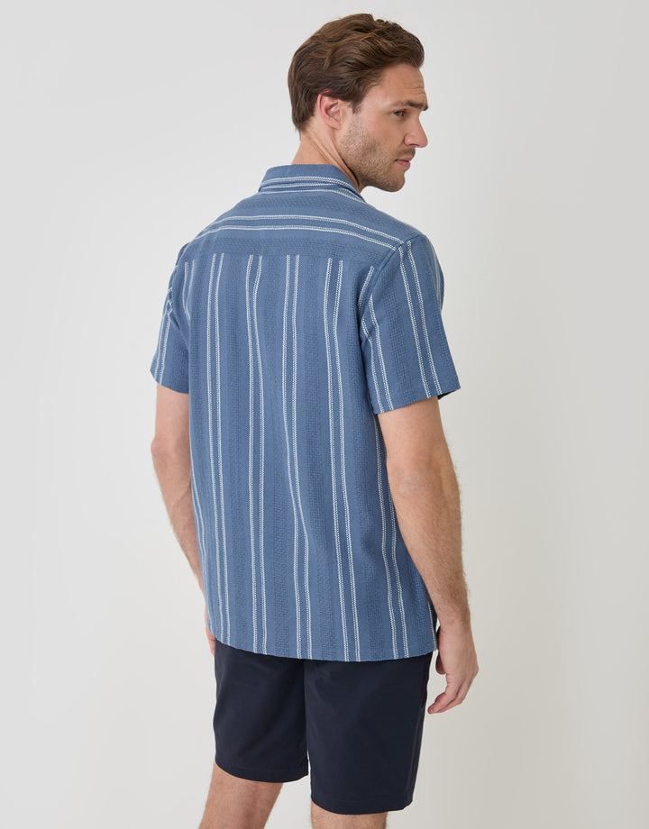 Threadbare Stripe Knitted Cotton Blend Short Sleeve Shirt in Blue - back view