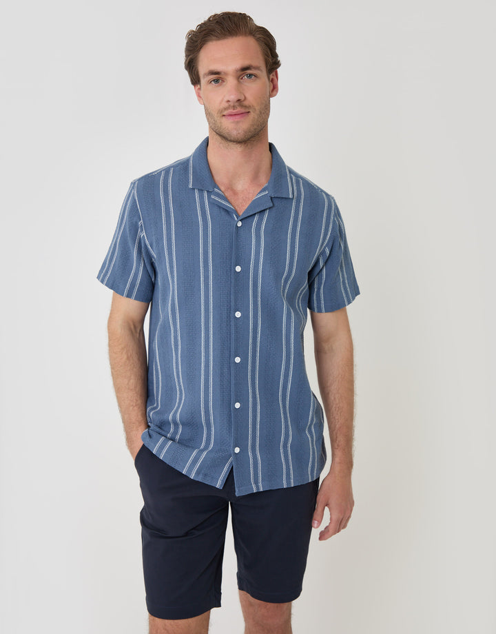 Threadbare Stripe Knitted Cotton Blend Short Sleeve Shirt in Blue - front view