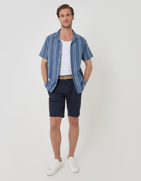 Threadbare Stripe Knitted Cotton Blend Short Sleeve Shirt in Blue - front view