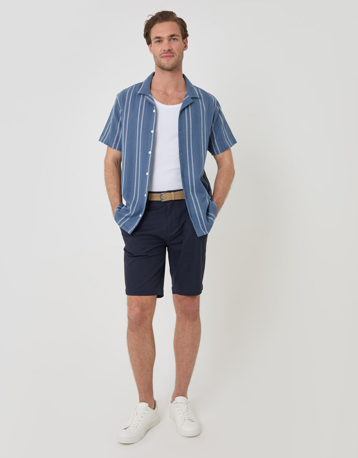 Threadbare Stripe Knitted Cotton Blend Short Sleeve Shirt in Blue - front view