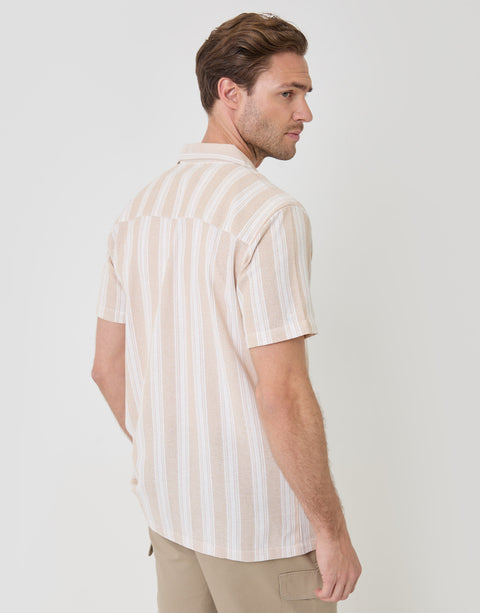 Threadbare Knitted Cotton Blend Short Sleeve Shirt in Stone - back view