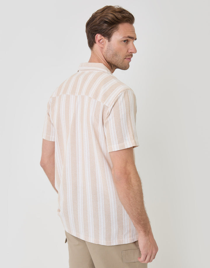 Threadbare Knitted Cotton Blend Short Sleeve Shirt in Stone - back view