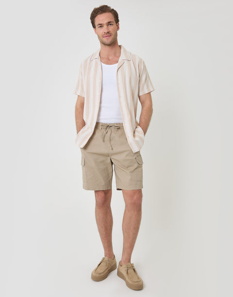 Threadbare Knitted Cotton Blend Short Sleeve Shirt in Stone - full body