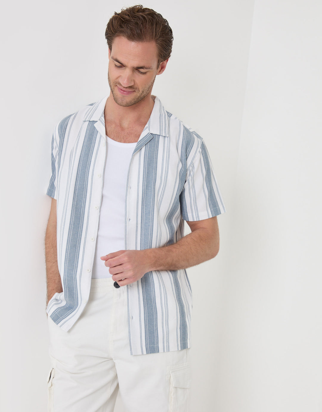 Threadbare Knitted Cotton Blend Short Sleeve Shirt in Ecru Stripe - front view