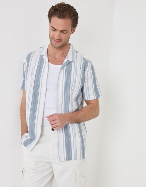 Threadbare Knitted Cotton Blend Short Sleeve Shirt in Ecru Stripe - front view