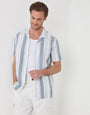 Threadbare Knitted Cotton Blend Short Sleeve Shirt in Ecru Stripe - front view