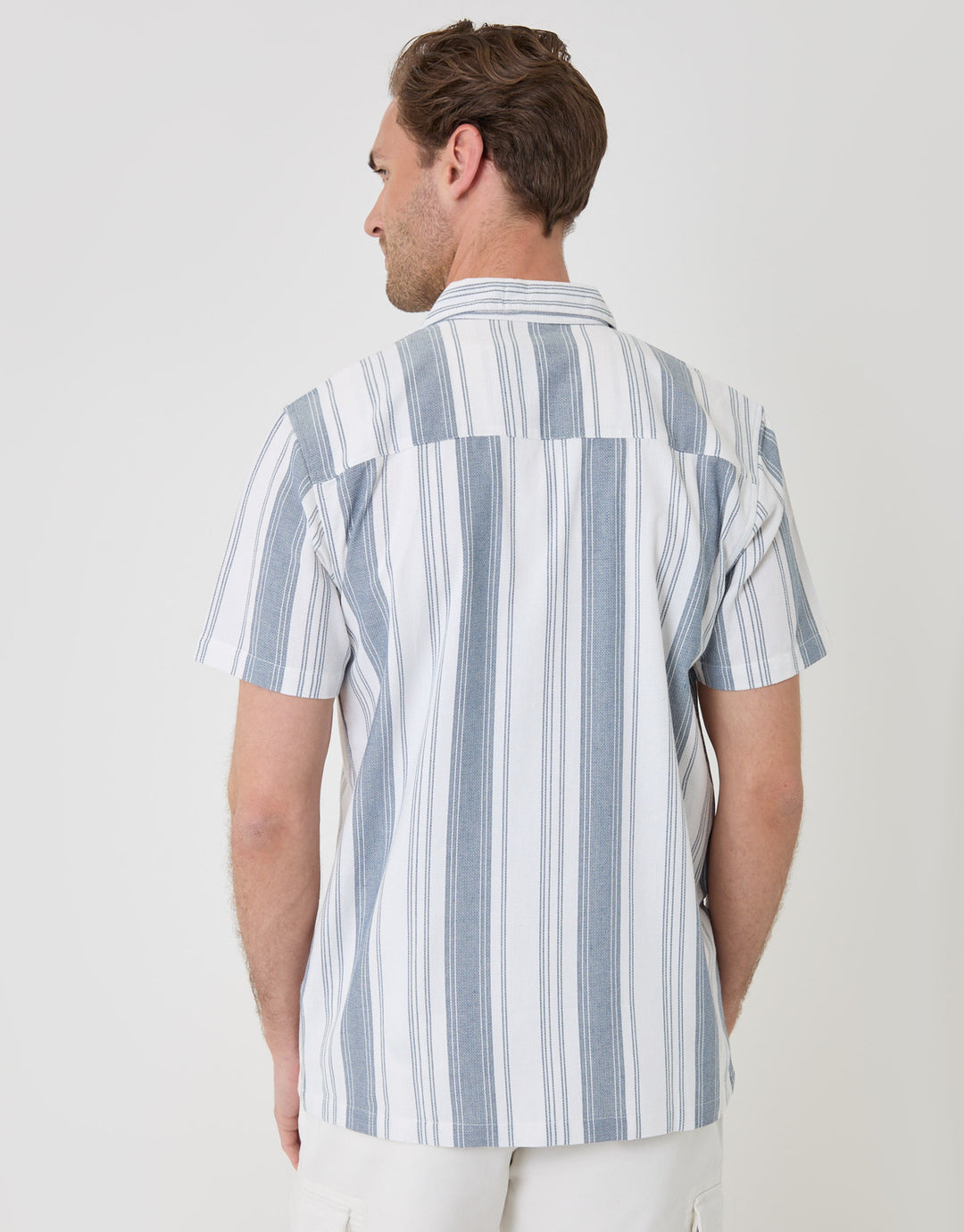 Threadbare Knitted Cotton Blend Short Sleeve Shirt in Ecru Stripe - back view