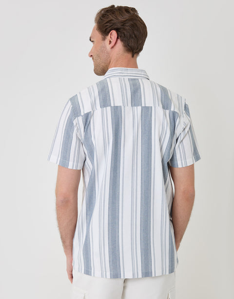 Threadbare Knitted Cotton Blend Short Sleeve Shirt in Ecru Stripe - back view
