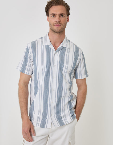 Threadbare Knitted Cotton Blend Short Sleeve Shirt in Ecru Stripe - front view