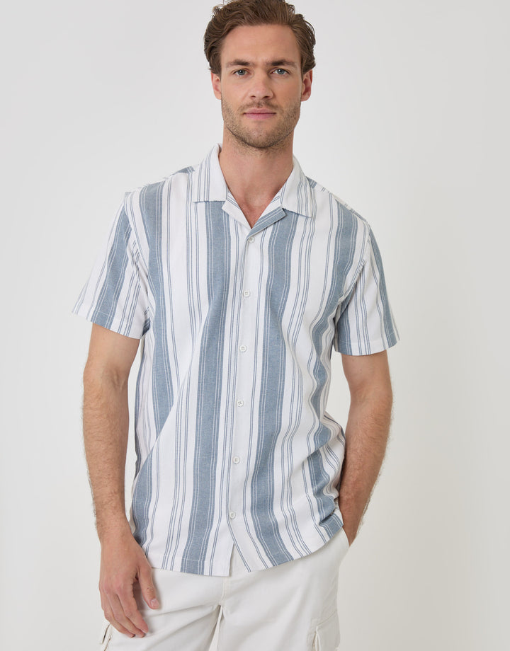 Threadbare Knitted Cotton Blend Short Sleeve Shirt in Ecru Stripe - front view