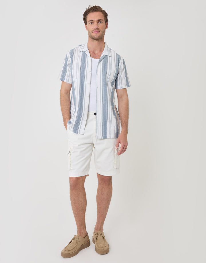 Threadbare Knitted Cotton Blend Short Sleeve Shirt in Ecru Stripe - full body