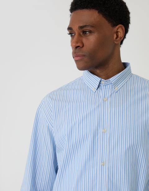 Threadbare Cotton Poplin Cropped Fit Shirt in Blue Stripe - collar close up