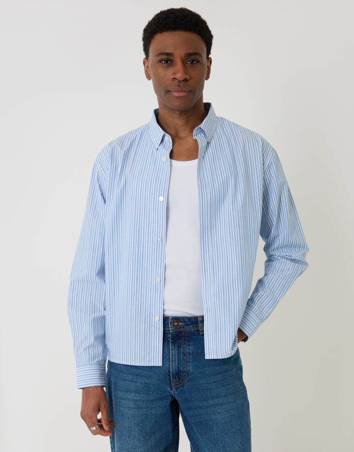 Threadbare Cotton Poplin Cropped Fit Shirt in Blue Stripe - front view