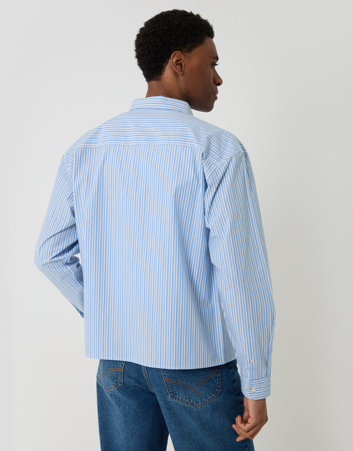 Threadbare Cotton Poplin Cropped Fit Shirt in Blue Stripe - back view