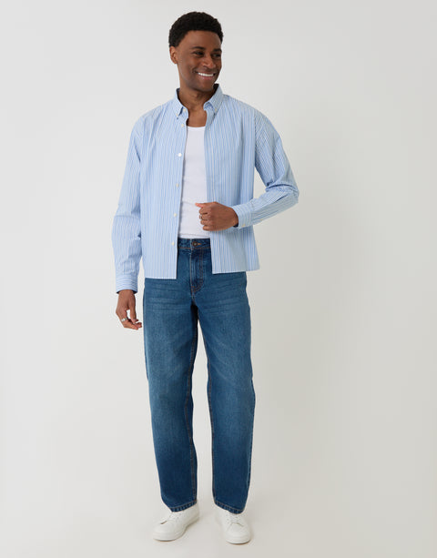 Threadbare Cotton Poplin Cropped Fit Shirt in Blue Stripe - full body