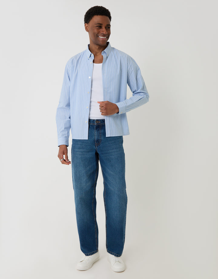 Threadbare Cotton Poplin Cropped Fit Shirt in Blue Stripe - full body