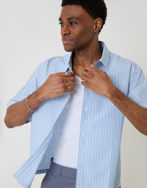 Threadbare Boxy Fit Cotton Poplin Short Sleeve Shirt in Blue Stripe - worn open