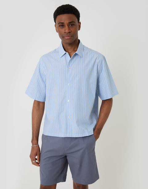 Threadbare Boxy Fit Cotton Poplin Short Sleeve Shirt in Blue Stripe - front view