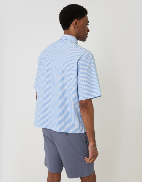 Threadbare Boxy Fit Cotton Poplin Short Sleeve Shirt in Blue Stripe - back view
