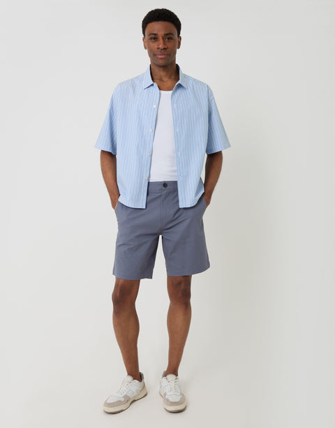 Threadbare Boxy Fit Cotton Poplin Short Sleeve Shirt in Blue Stripe - full body