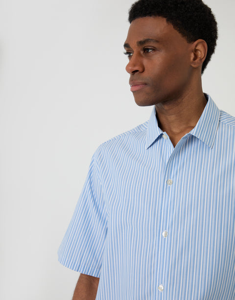 Threadbare Boxy Fit Cotton Poplin Short Sleeve Shirt in Blue Stripe - collar close up