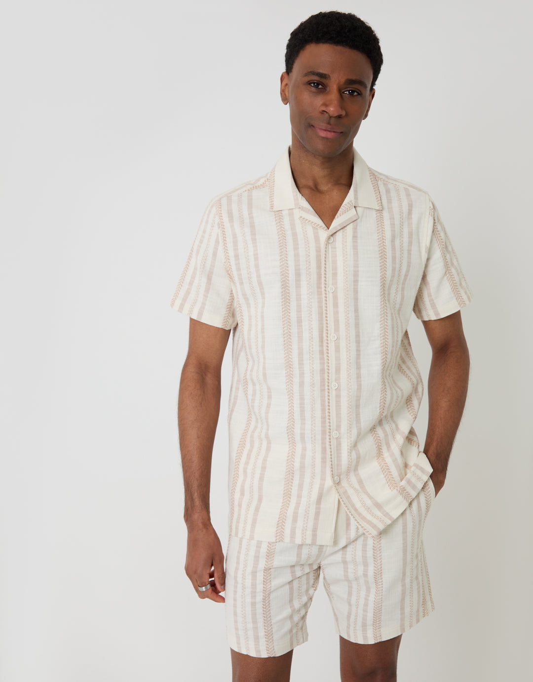 Threadbare Chevron Stripe Textured Cotton Short Sleeve Shirt in Stone - front view