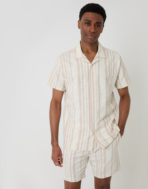 Threadbare Chevron Stripe Textured Cotton Short Sleeve Shirt in Stone - front view