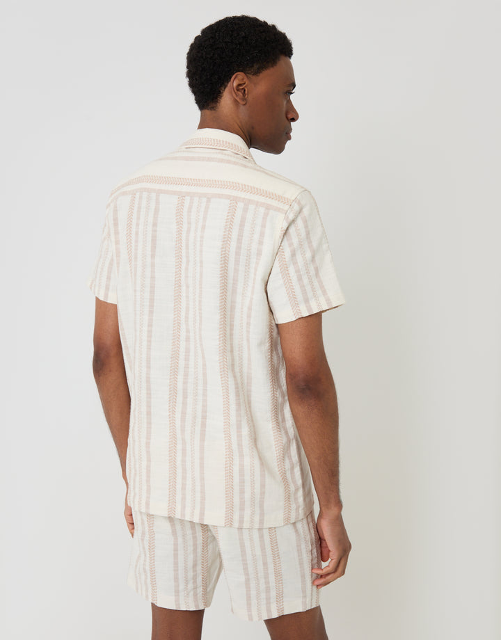 Threadbare Chevron Stripe Textured Cotton Short Sleeve Shirt in Stone - back view