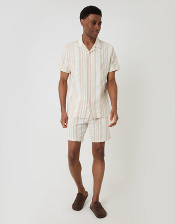 Threadbare Chevron Stripe Textured Cotton Short Sleeve Shirt in Stone - full body