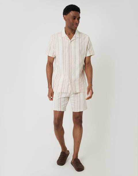 Threadbare Chevron Stripe Textured Cotton Short Sleeve Shirt in Stone - full body