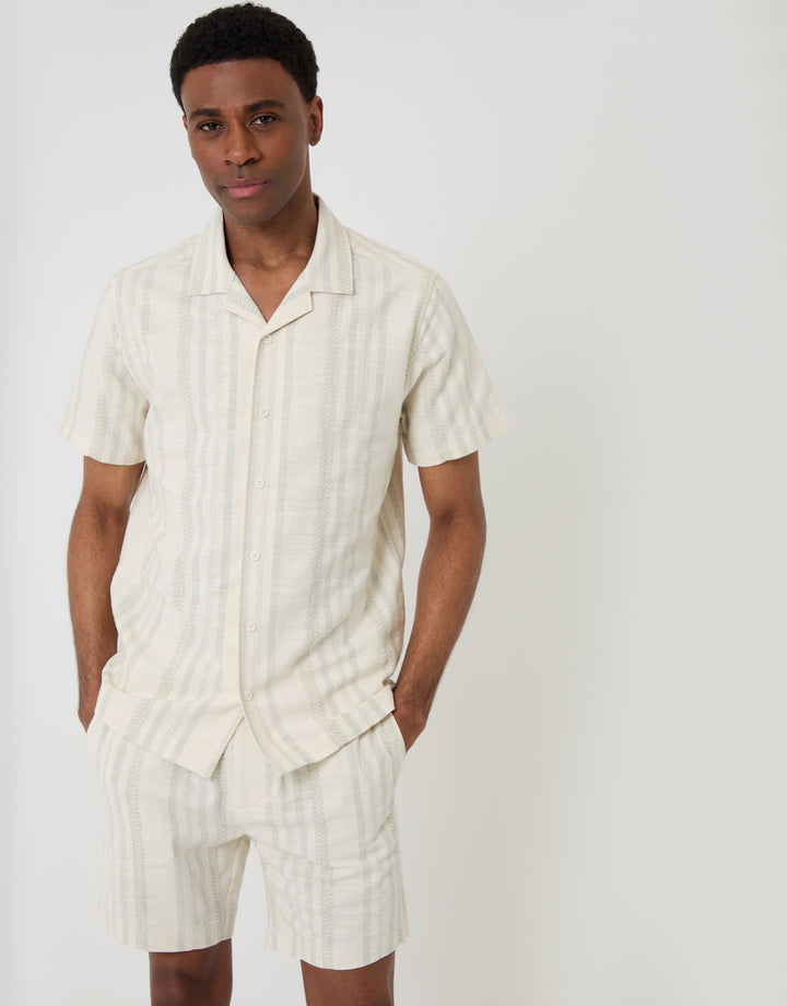 Threadbare Chevron Stripe Textured Cotton Short Sleeve Shirt in Sage Green - front view