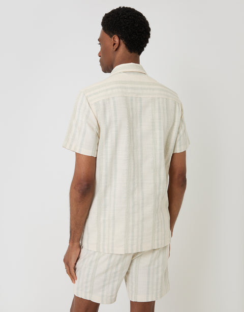 Threadbare Chevron Stripe Textured Cotton Short Sleeve Shirt in Sage Green - back view