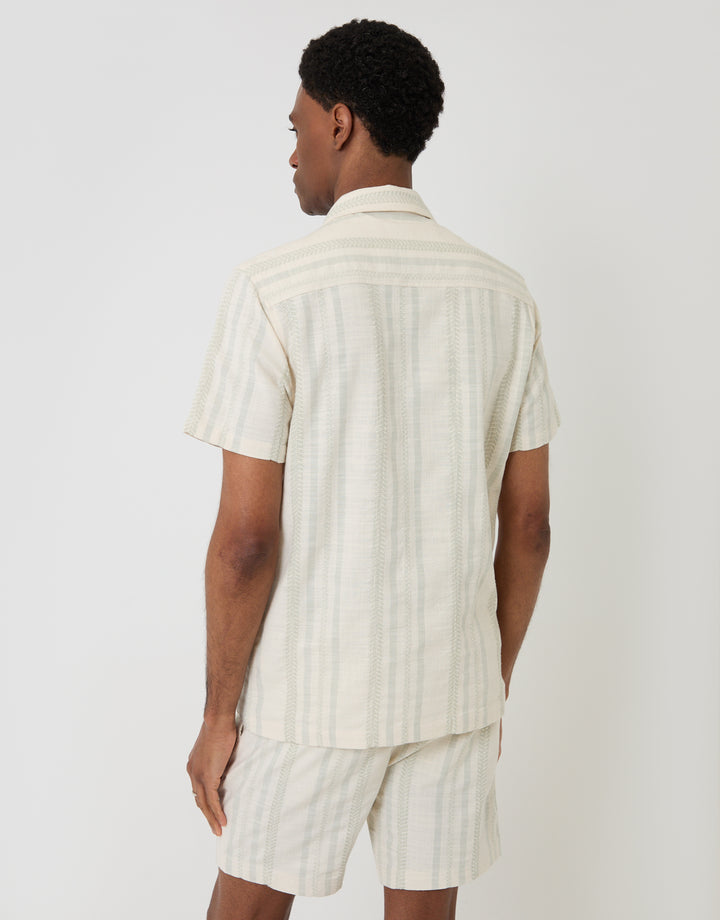 Threadbare Chevron Stripe Textured Cotton Short Sleeve Shirt in Sage Green - back view