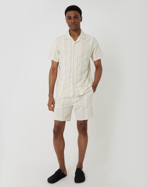 Threadbare Chevron Stripe Textured Cotton Short Sleeve Shirt in Sage Green - full body