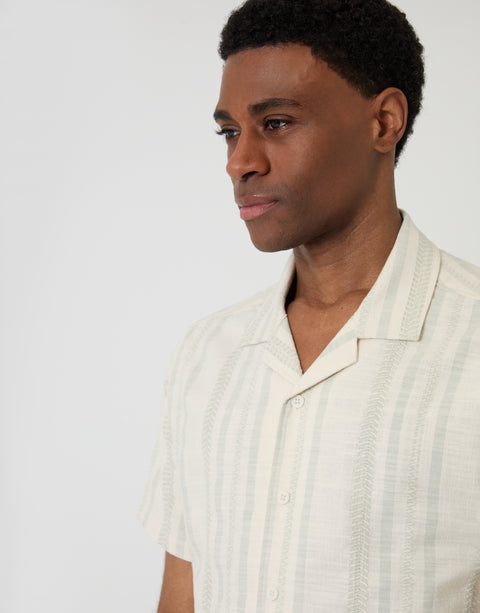 Threadbare Chevron Stripe Textured Cotton Short Sleeve Shirt in Sage Green - collar close up