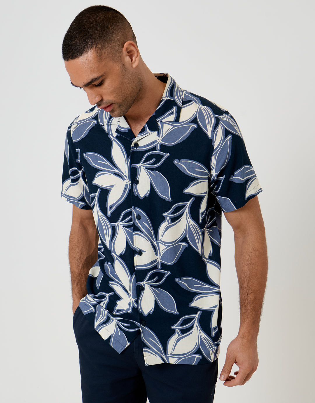 Threadbare Leaf Print Short Sleeve Shirt in Navy - front view