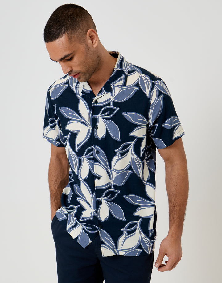 Threadbare Leaf Print Short Sleeve Shirt in Navy - front view