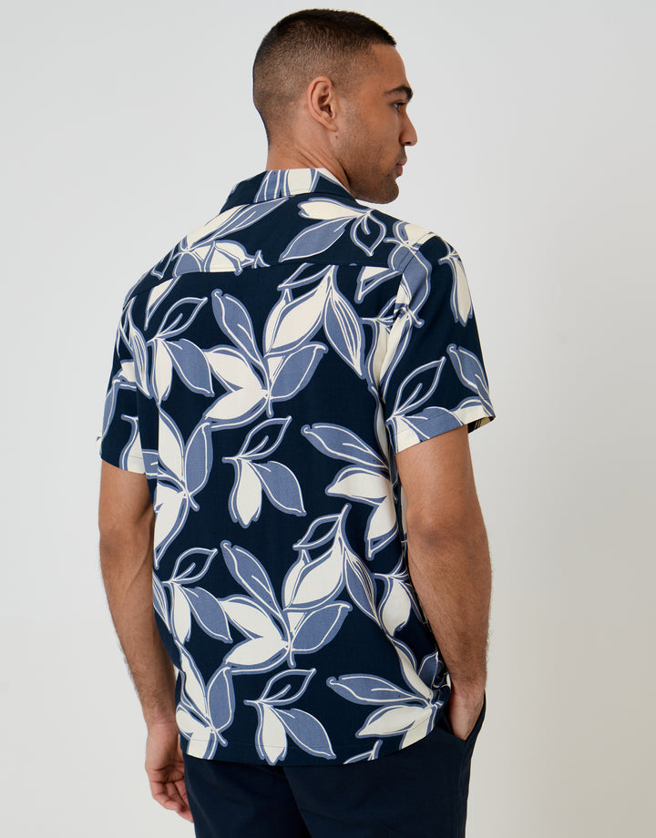 Threadbare Leaf Print Short Sleeve Shirt in Navy - back view