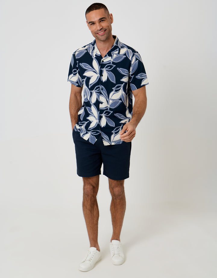 Threadbare Leaf Print Short Sleeve Shirt in Navy - full body