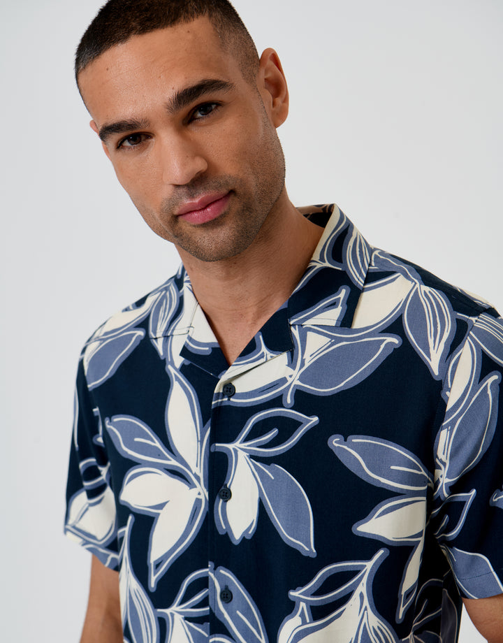 Threadbare Leaf Print Short Sleeve Shirt in Navy - front view close up