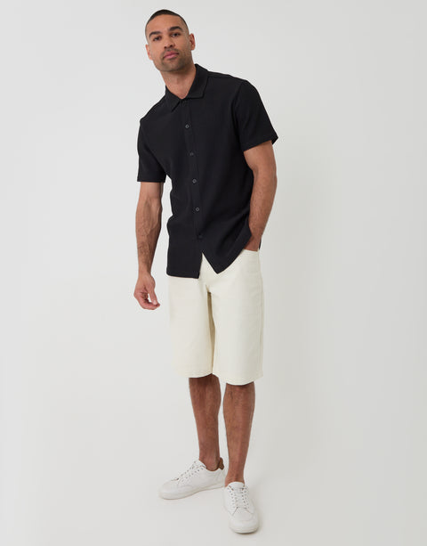 Threadbare Plisse Rib Short Sleeve Shirt in Black - full view