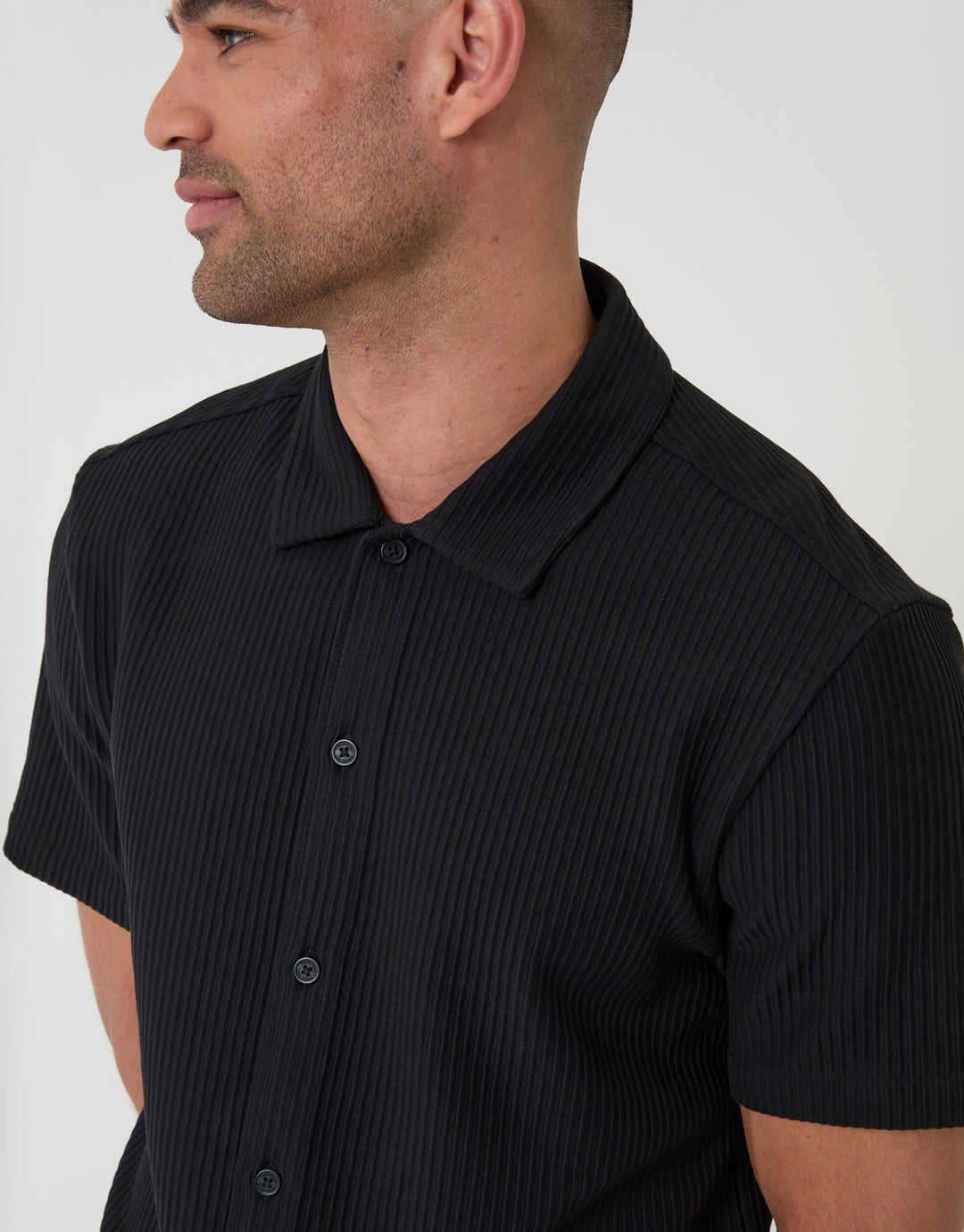 Threadbare Plisse Rib Short Sleeve Shirt in Black - chest detail view