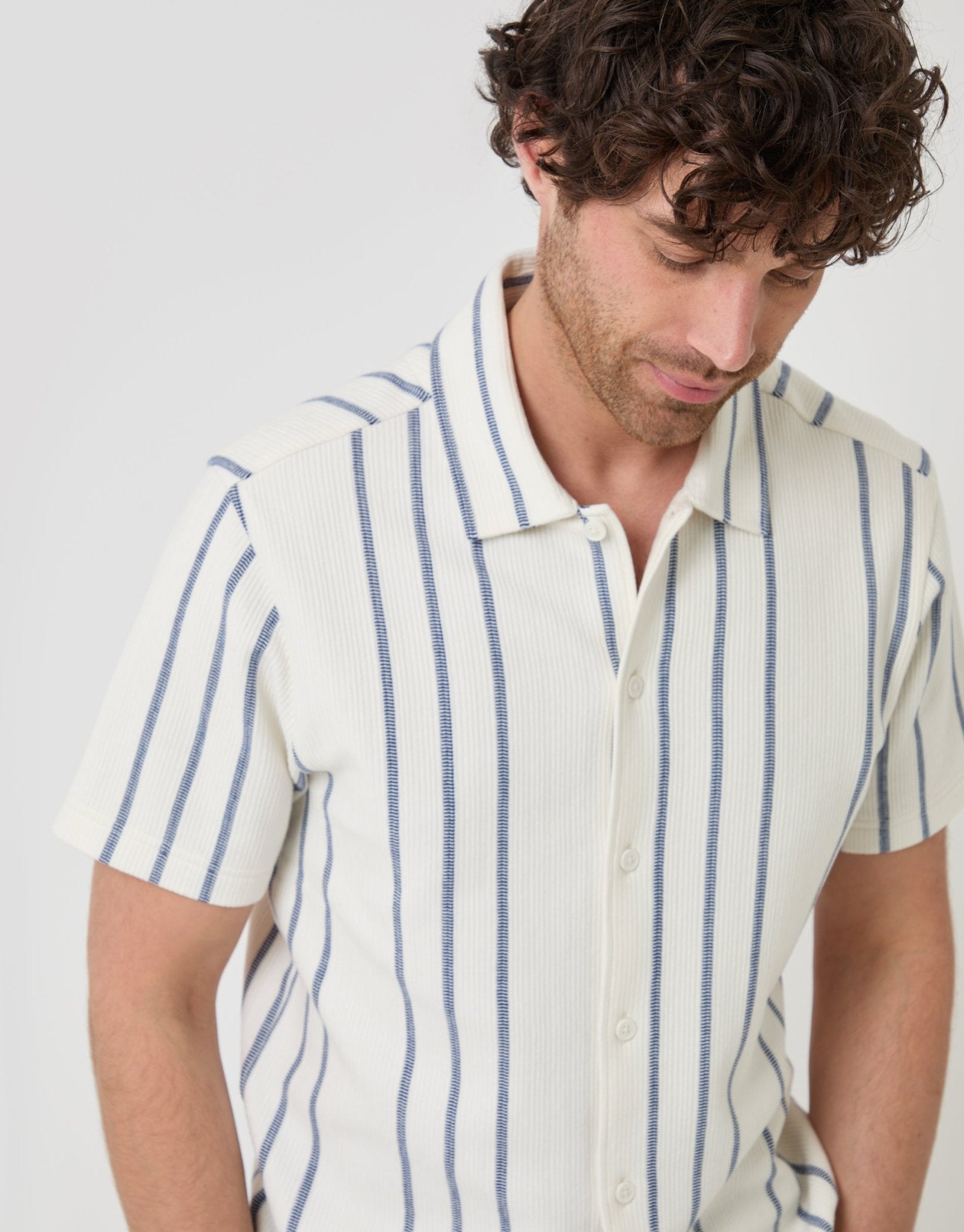 Threadbare Shaw Threadbare Men's Cream Stripe Plisse Rib Short Sleeve Shirt