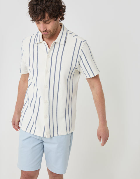 Threadbare Stripe Plisse Rib Short Sleeve Shirt in Cream - front view