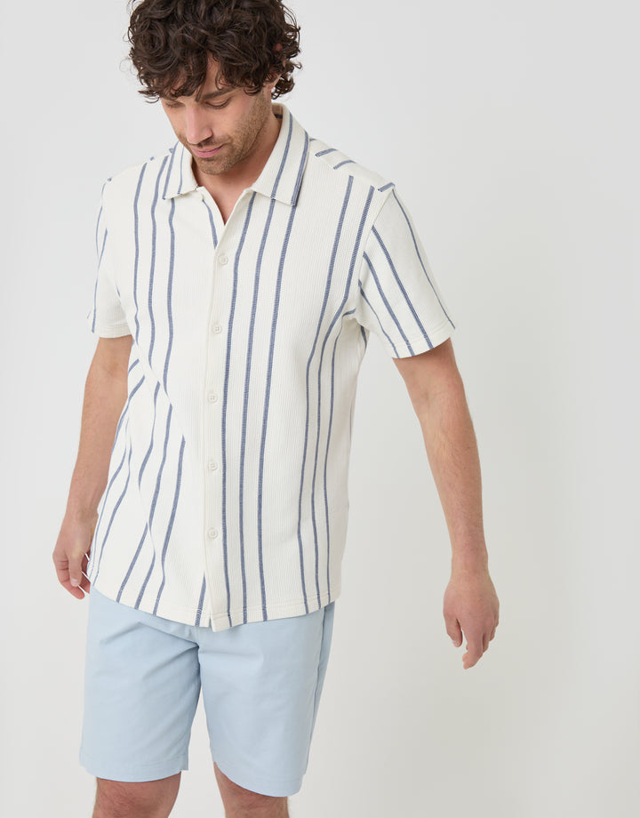 Threadbare Stripe Plisse Rib Short Sleeve Shirt in Cream - front view