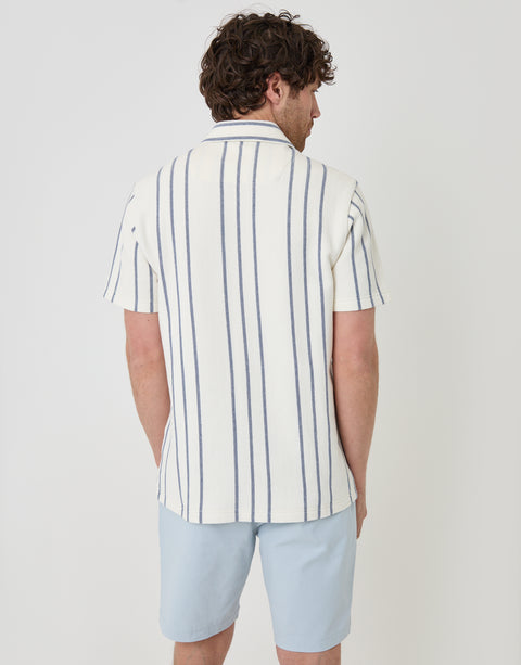 Threadbare Stripe Plisse Rib Short Sleeve Shirt in Cream - back view